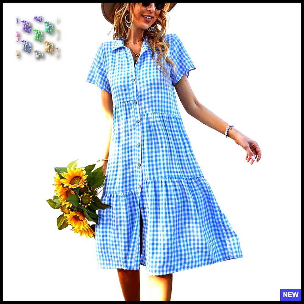 Flutter Sleeve Midi Dress Plaid Button Down Shirt Dress Vintage Chic Summer